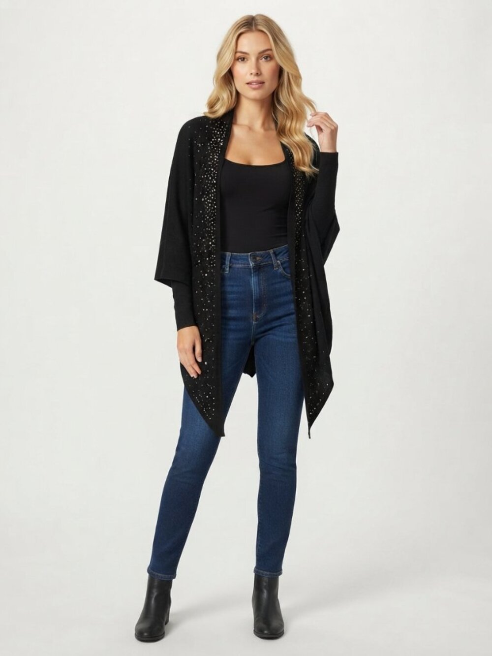 Chico's Embellished Sequined Shawl Collar Ruana Black One Size #A4626